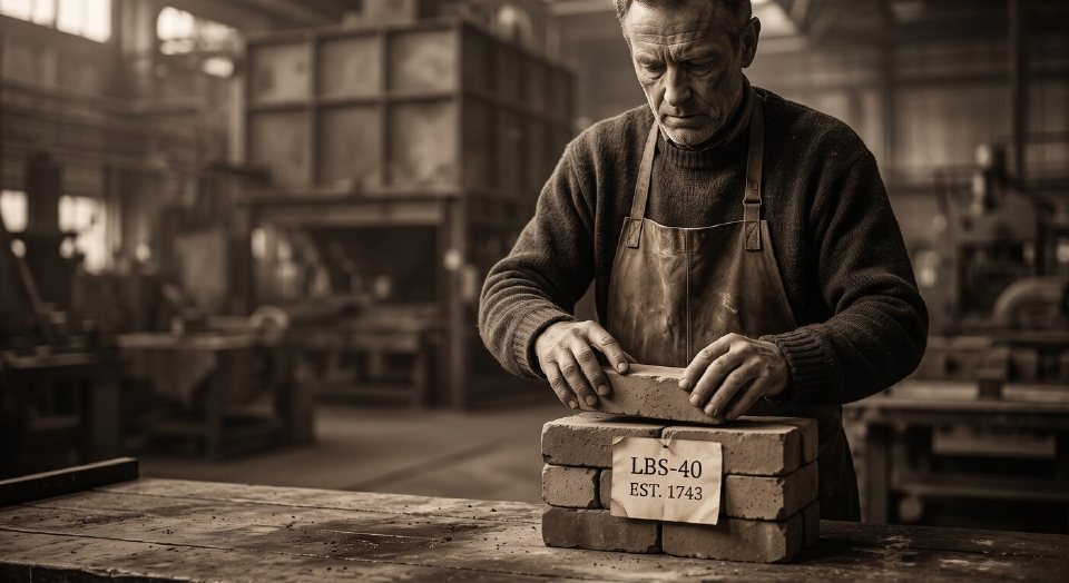 A worker at a bench in a factory, fitting a labelled brick onto a stack of bricks.